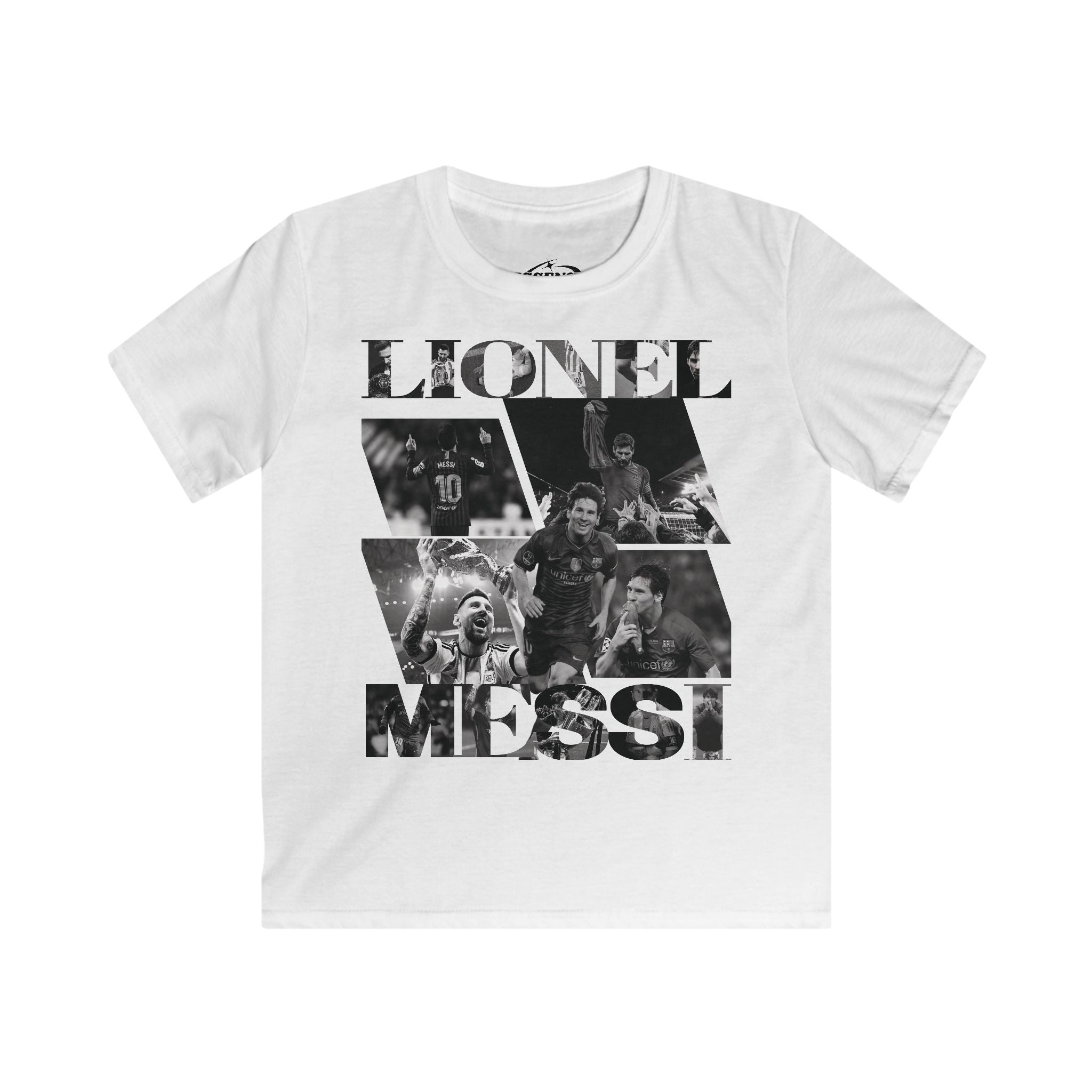 Lionel Messi Kids Soccer Tee — Black & White Photo Collage T‑Shirt